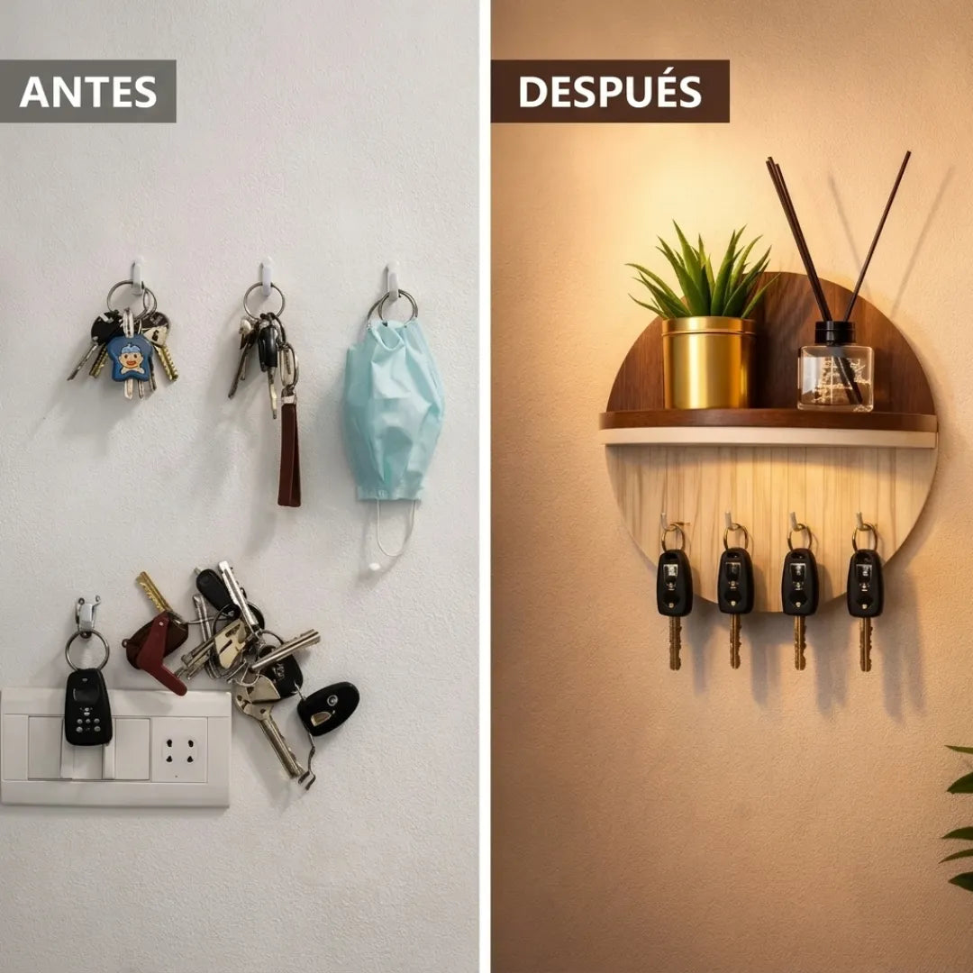 Llavero moderno redondo de madera con estante | Acabado nogal