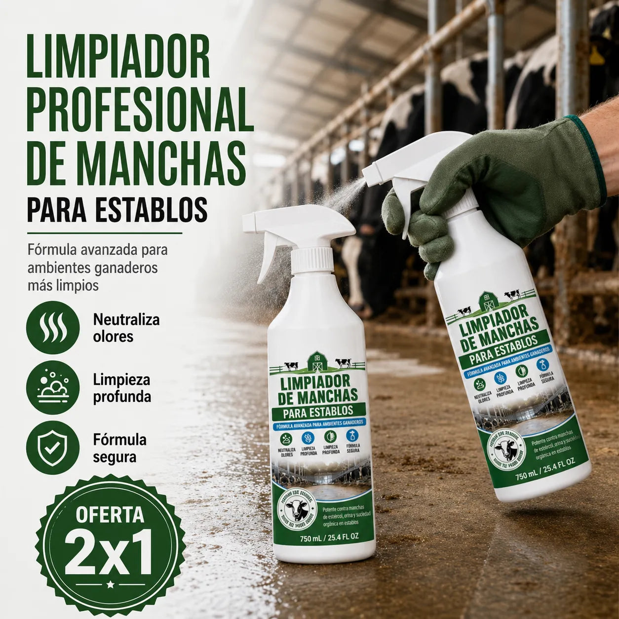 Spray quitamanchas para establos: fórmula profesional que elimina la suciedad y la acumulación de residuos.