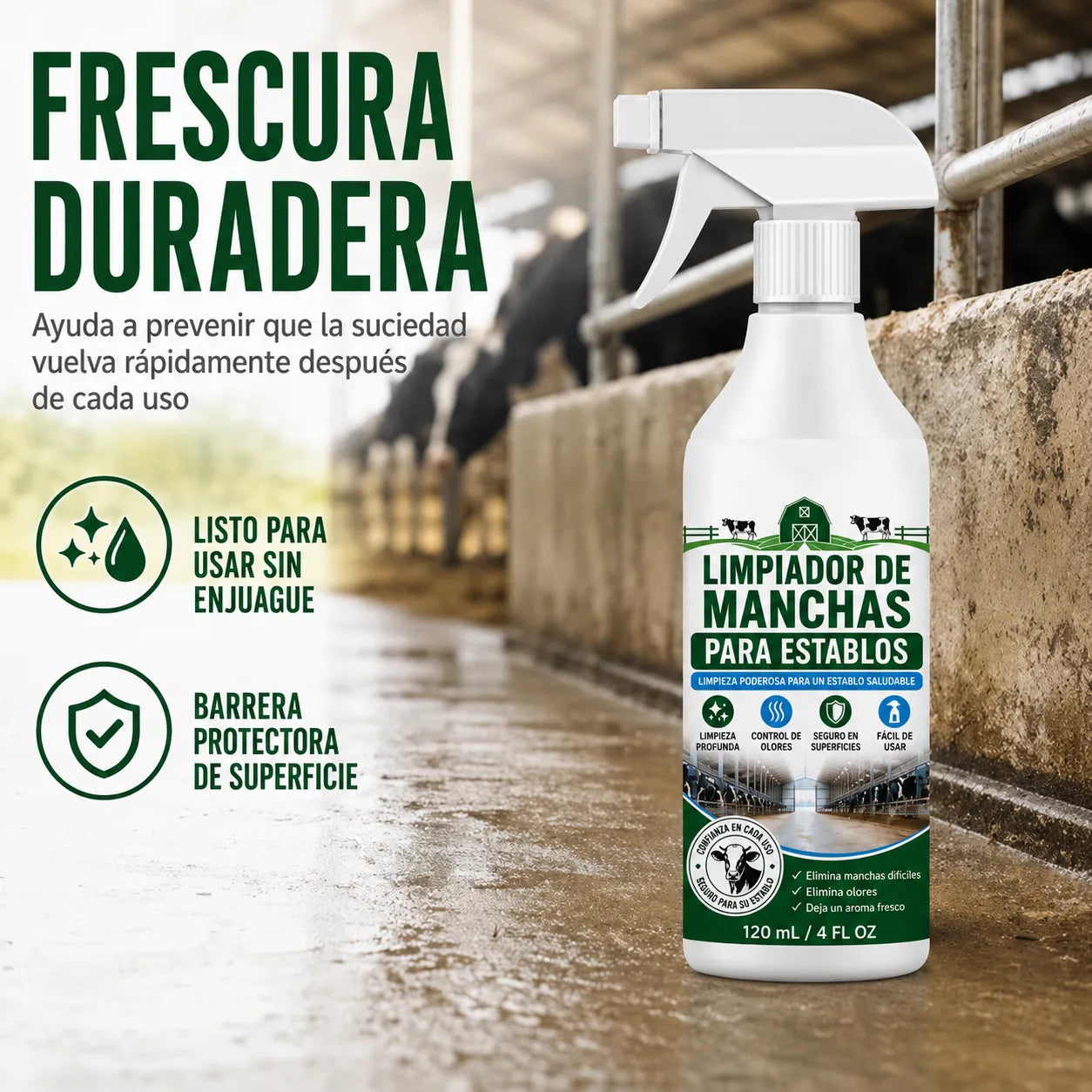 Spray quitamanchas para establos: fórmula profesional que elimina la suciedad y la acumulación de residuos.