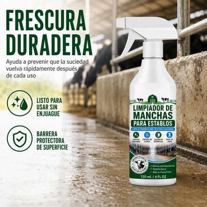 Spray quitamanchas para establos: fórmula profesional que elimina la suciedad y la acumulación de residuos.