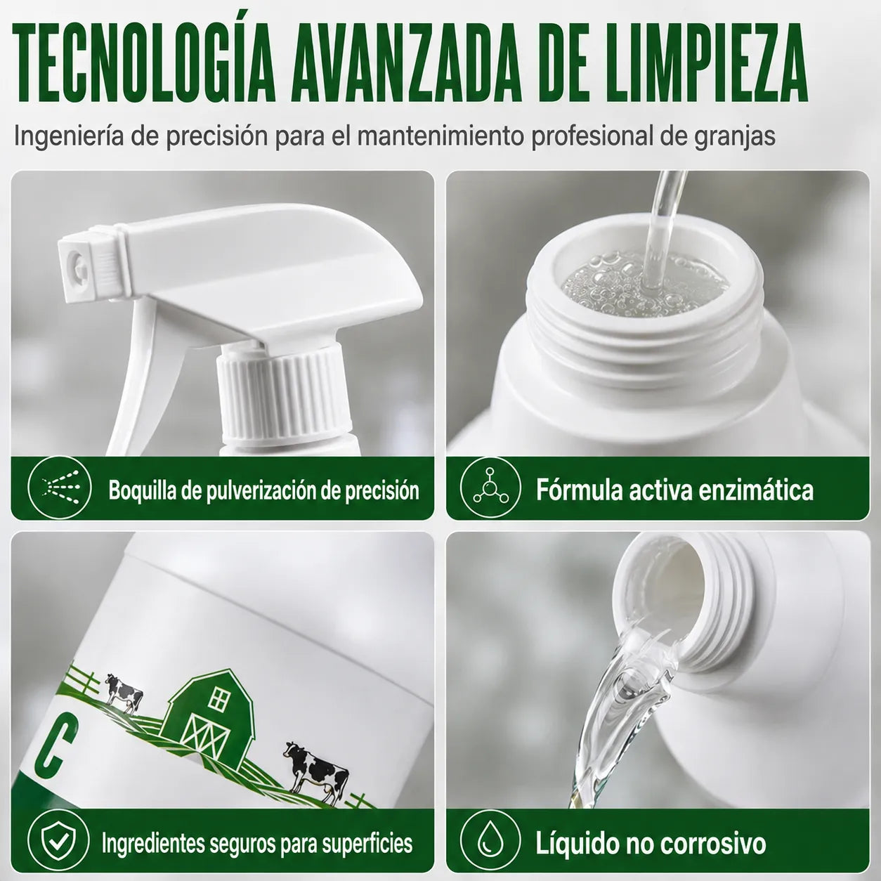 Spray quitamanchas para establos: fórmula profesional que elimina la suciedad y la acumulación de residuos.