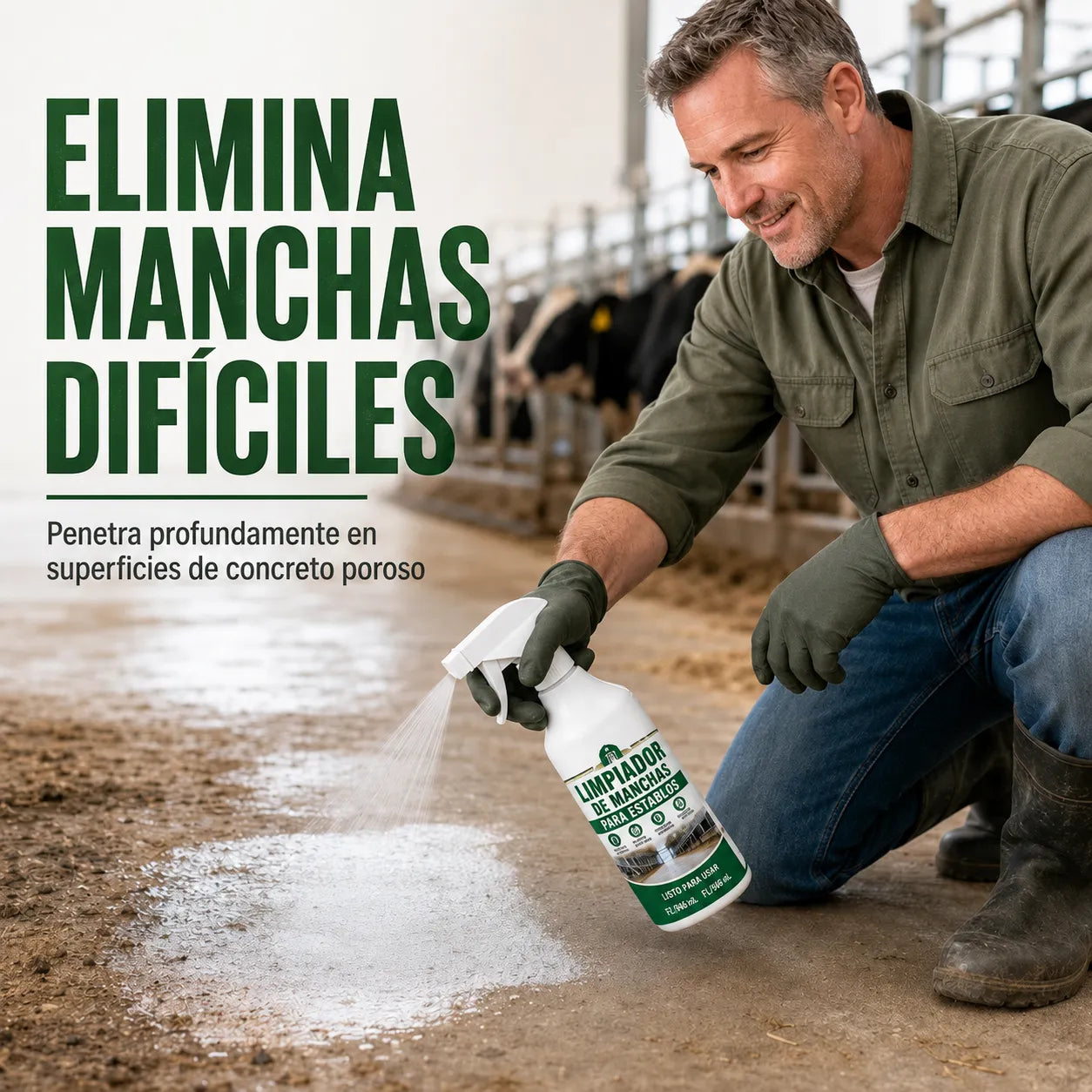 Spray quitamanchas para establos: fórmula profesional que elimina la suciedad y la acumulación de residuos.