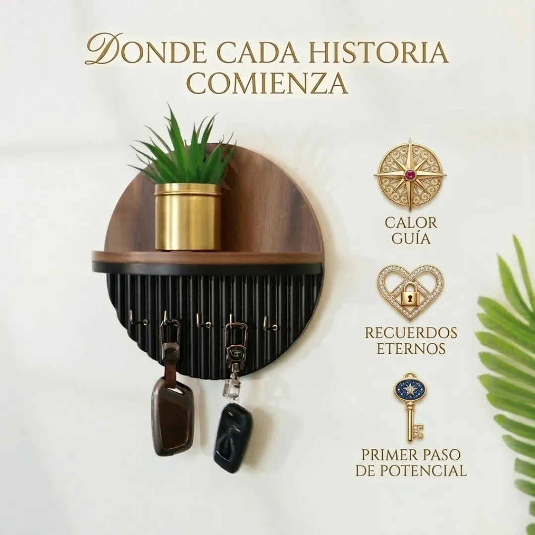 Llavero moderno redondo de madera con estante | Acabado nogal