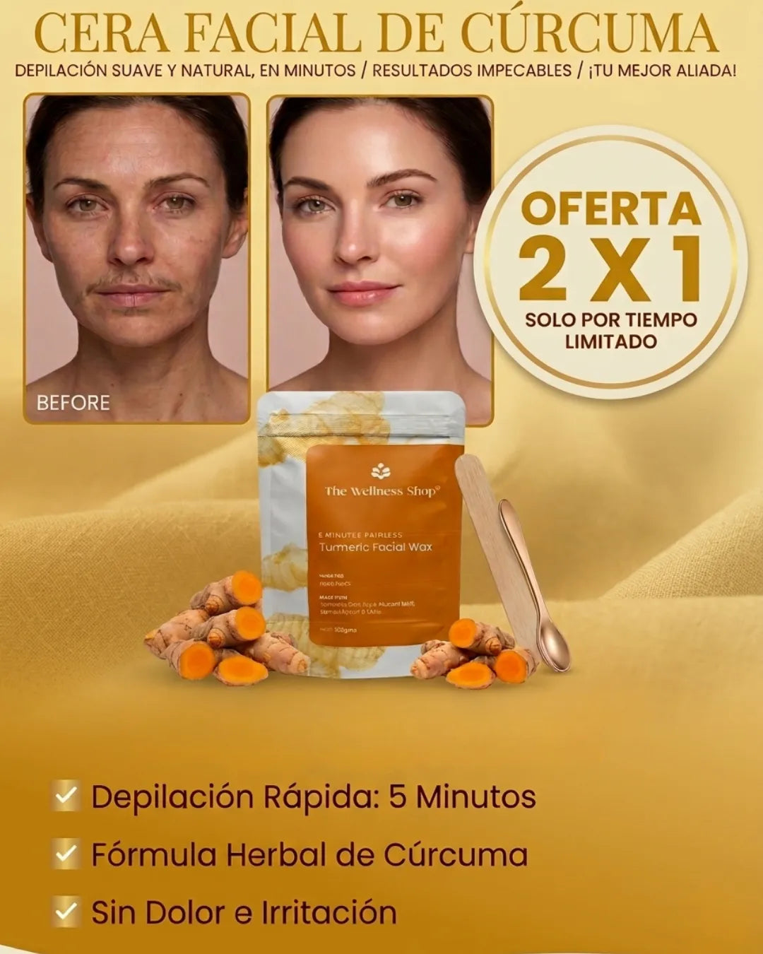 Cera facial de cúrcuma - Cera en polvo indolora de 5 minutos 2x1 HOY