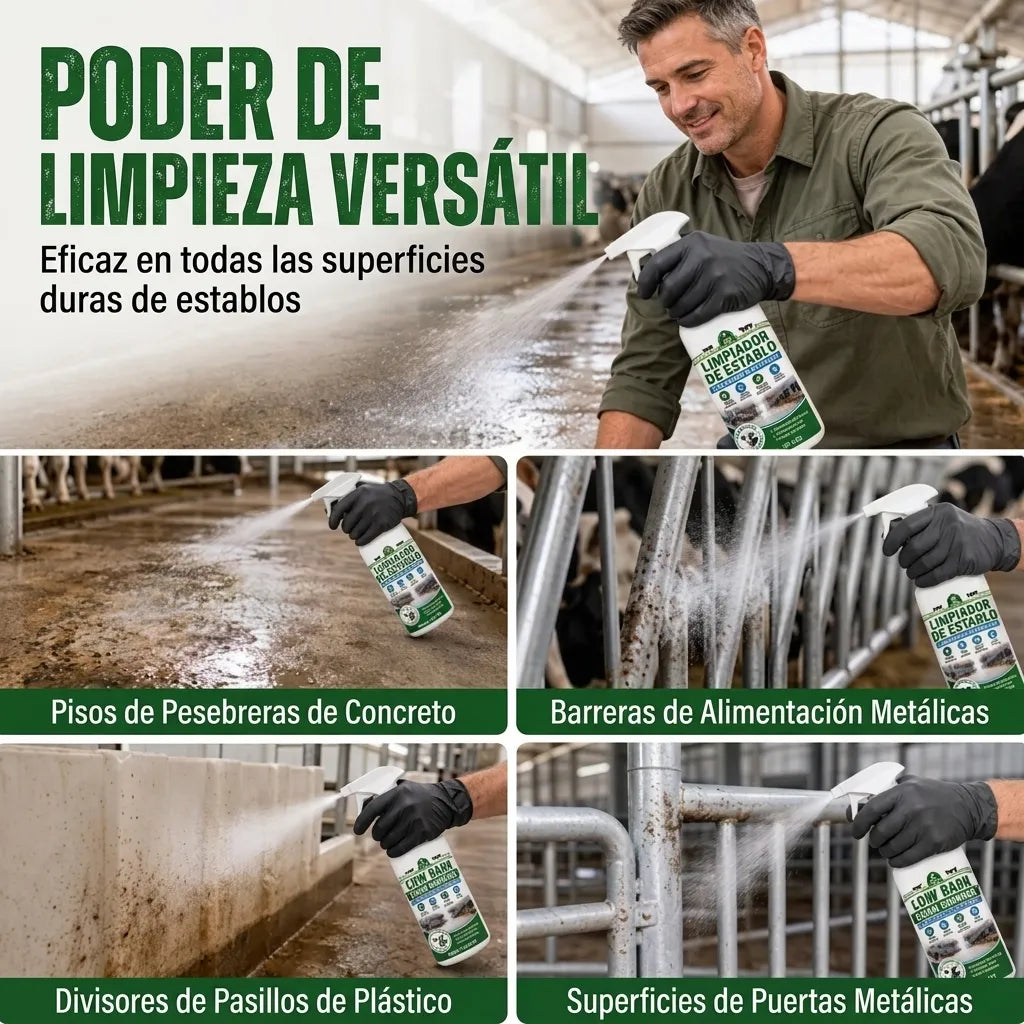 Spray quitamanchas para establos: fórmula profesional que elimina la suciedad y la acumulación de residuos.