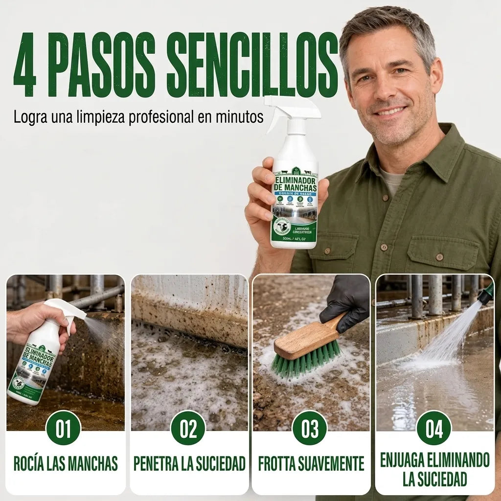 Spray quitamanchas para establos: fórmula profesional que elimina la suciedad y la acumulación de residuos.