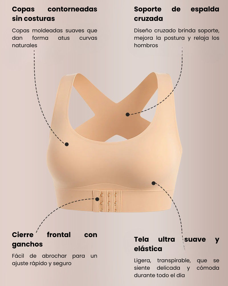 Sujetador corrector sin aros con espalda cruzada y cierre frontal
