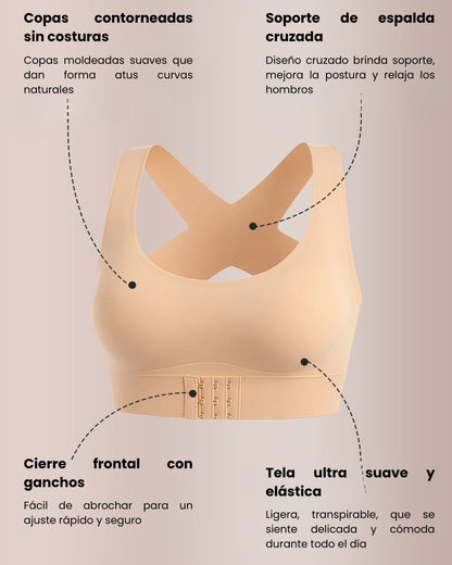 Sujetador corrector sin aros con espalda cruzada y cierre frontal